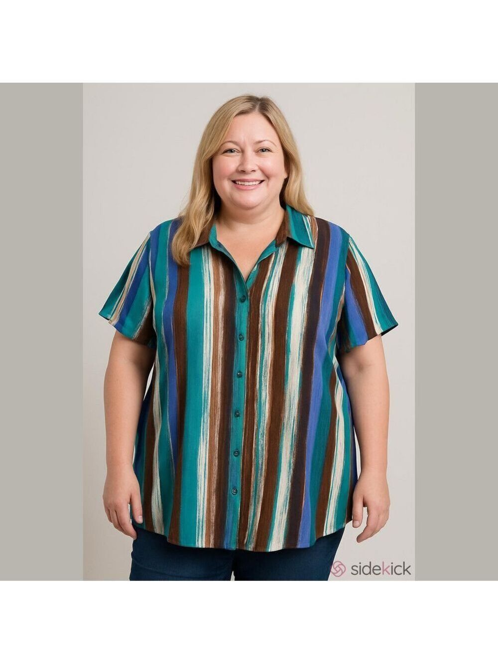 Maggie Barnes watercolor striped flutter sleeve with stirred detail blouse 2X